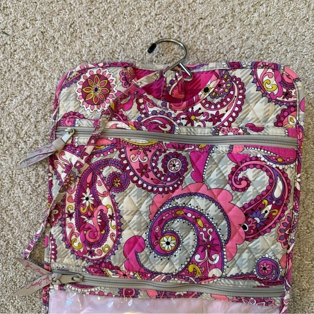 Vera Bradley Pink Paisley Meets Plaid Makeup Bag Hanging Travel Handle Quilted